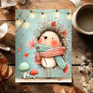 May include: A whimsical illustration of a hedgehog wearing a pink and teal knit scarf, holding a pink leaf. The hedgehog stands near three mushrooms against a light blue background with string lights and falling leaves, labeled PIXELPETITESHOP.