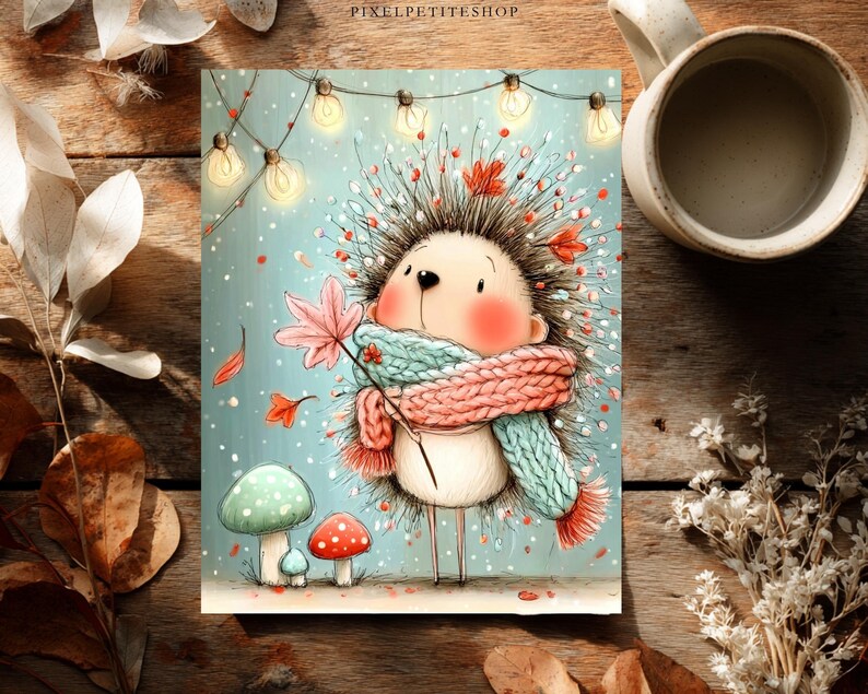 May include: A whimsical illustration of a hedgehog wearing a pink and teal knit scarf, holding a pink leaf. The hedgehog stands near three mushrooms against a light blue background with string lights and falling leaves, labeled PIXELPETITESHOP.