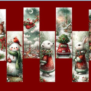 Puede incluir: Un collage de ilustraciones navide&ntilde;as. Muestra un cervatillo durmiendo, un mu&ntilde;eco de nieve con un cardenal, Pap&aacute; Noel en un trineo, un oso polar, un coche rojo con un &aacute;rbol de Navidad y un conejo en una escena nevada.