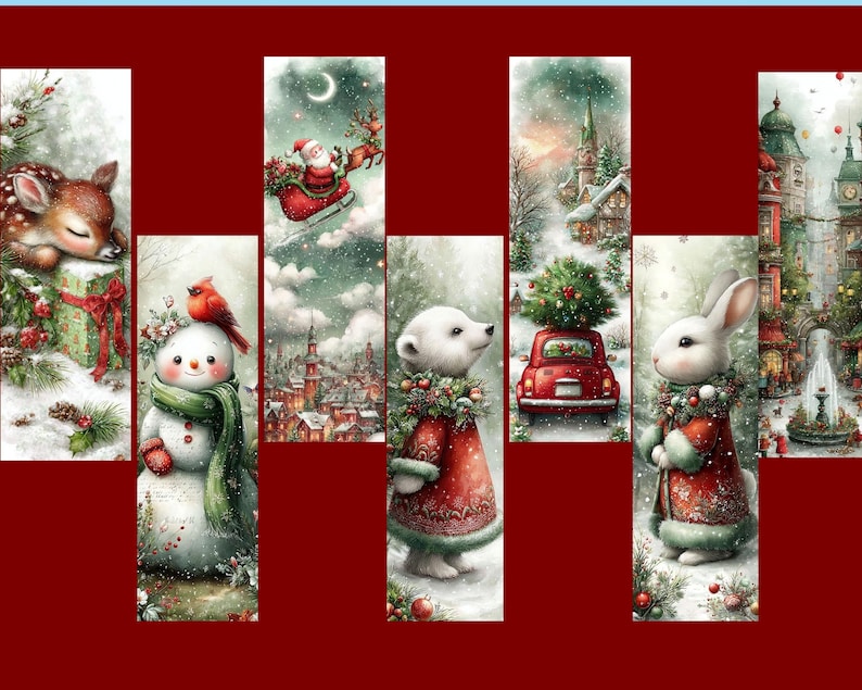 Puede incluir: Un collage de ilustraciones navide&ntilde;as. Muestra un cervatillo durmiendo, un mu&ntilde;eco de nieve con un cardenal, Pap&aacute; Noel en un trineo, un oso polar, un coche rojo con un &aacute;rbol de Navidad y un conejo en una escena nevada.