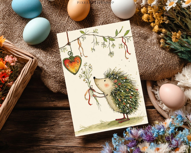K&ouml;nnte beinhalten: Eine Gru&szlig;karte mit einer Aquarellillustration eines Igels, der Blumen h&auml;lt. Der Igel hat gr&uuml;ne und wei&szlig;e Stacheln und rote F&uuml;&szlig;e. Ein herzf&ouml;rmiges Ornament h&auml;ngt an einem Ast. Ostereier und Blumen umgeben die Karte.