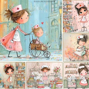 May include: A collection of watercolor illustrations featuring nurses. One image shows a nurse pushing a wheelchair with another nurse. Other images show nurses in a pharmacy, holding a baby, and in a hospital room.