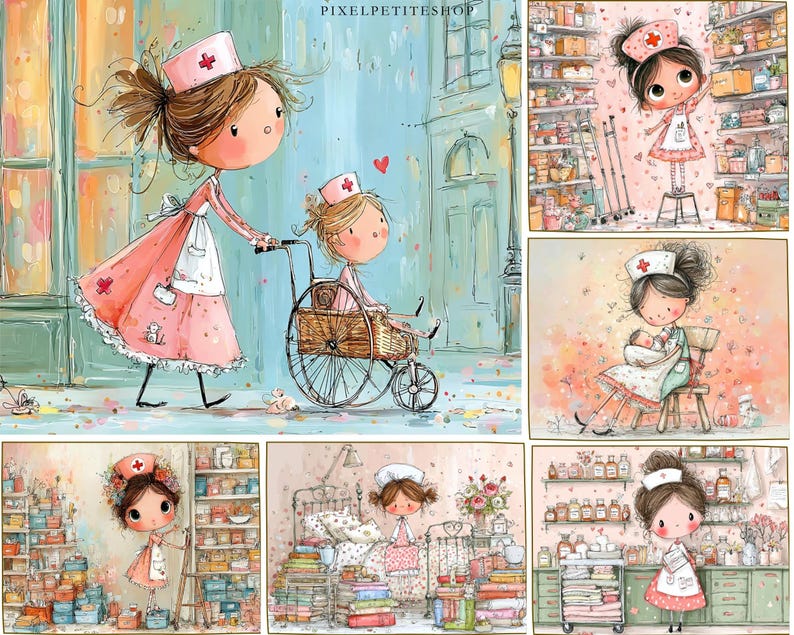 May include: A collection of watercolor illustrations featuring nurses. One image shows a nurse pushing a wheelchair with another nurse. Other images show nurses in a pharmacy, holding a baby, and in a hospital room.