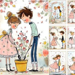 May include: Watercolor illustration of a couple gardening, planting flowers in a yellow pot. The woman wears a pink dress with a yellow bow, and the man wears a light blue shirt and blue jeans. Surrounding them are pink roses and petals.