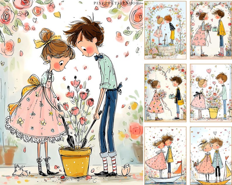 May include: Watercolor illustration of a couple gardening, planting flowers in a yellow pot. The woman wears a pink dress with a yellow bow, and the man wears a light blue shirt and blue jeans. Surrounding them are pink roses and petals.