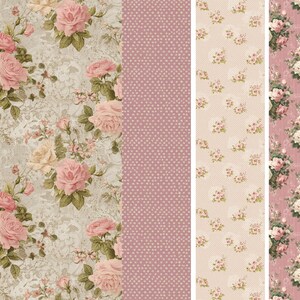May include: A collage of floral patterns. The first features large pink roses on a light gray background. The second is a solid mauve with small white dots. The third and fourth feature smaller floral arrangements on a light pink background.