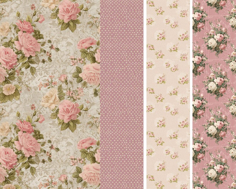 May include: A collage of floral patterns. The first features large pink roses on a light gray background. The second is a solid mauve with small white dots. The third and fourth feature smaller floral arrangements on a light pink background.