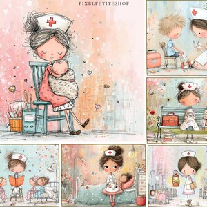 May include: Watercolor illustrations of a nurse caring for patients. The images depict a nurse holding a baby, treating a child's leg, and reading to children. The nurse is wearing a white uniform with a red cross.