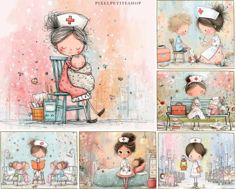 May include: Watercolor illustrations of a nurse caring for patients. The images depict a nurse holding a baby, treating a child's leg, and reading to children. The nurse is wearing a white uniform with a red cross.