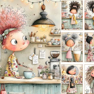 Puede incluir: Un conjunto de ilustraciones digitales que muestra a un personaje con cabello rosa en una cafeter&iacute;a, rodeado de estantes, una cafetera y una taza. Paneles adicionales muestran varios personajes en entornos de caf&eacute; similares.