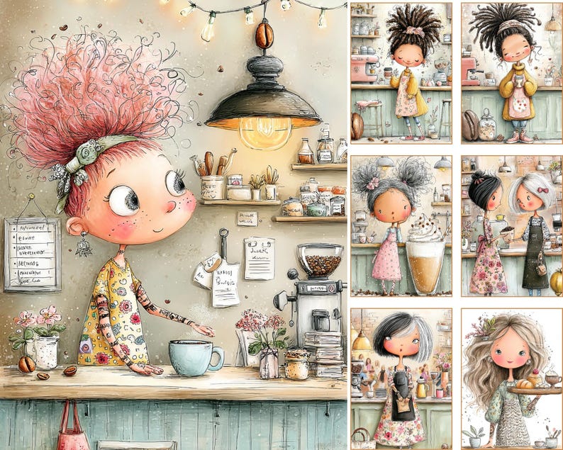 Puede incluir: Un conjunto de ilustraciones digitales que muestra a un personaje con cabello rosa en una cafeter&iacute;a, rodeado de estantes, una cafetera y una taza. Paneles adicionales muestran varios personajes en entornos de caf&eacute; similares.