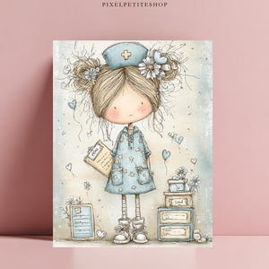 Puede incluir: Una ilustraci&oacute;n caprichosa de una enfermera con un vestido y gorro azul claro, sosteniendo una carpeta. La obra de arte presenta una paleta de colores suaves con acentos florales y de coraz&oacute;n. La imagen tiene el texto "PIXELPETITESHOP" en la parte superior.
