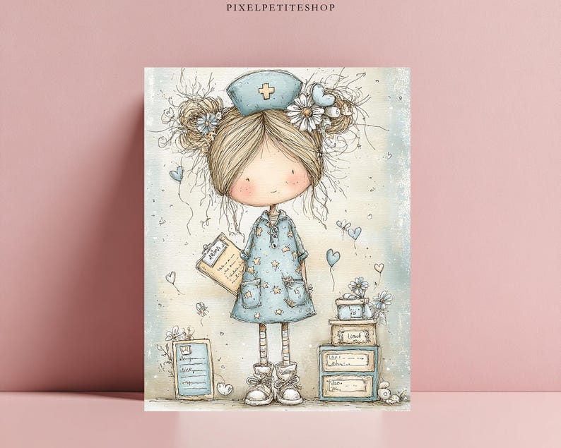 Puede incluir: Una ilustraci&oacute;n caprichosa de una enfermera con un vestido y gorro azul claro, sosteniendo una carpeta. La obra de arte presenta una paleta de colores suaves con acentos florales y de coraz&oacute;n. La imagen tiene el texto "PIXELPETITESHOP" en la parte superior.