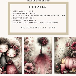 Pu&ograve; includere: Stampe artistiche digitali con illustrazioni stravaganti. Il set include tre immagini: una coppia che si abbraccia, una donna in abito rosso e una zucca con fiori e una candela. Le stampe hanno una palette di colori tenui con toni rosa e grigi.