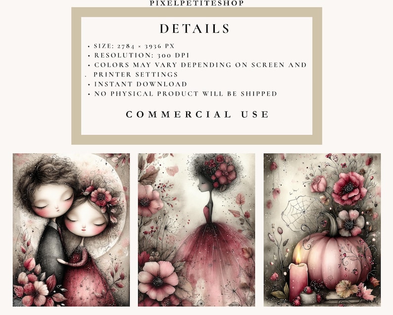 Pu&ograve; includere: Stampe artistiche digitali con illustrazioni stravaganti. Il set include tre immagini: una coppia che si abbraccia, una donna in abito rosso e una zucca con fiori e una candela. Le stampe hanno una palette di colori tenui con toni rosa e grigi.