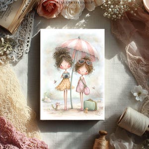 May include: Watercolor illustration of two girls at the beach under a pink and white striped umbrella. One girl holds a camera, the other wears sunglasses and carries a purse. A small suitcase sits on the sand.