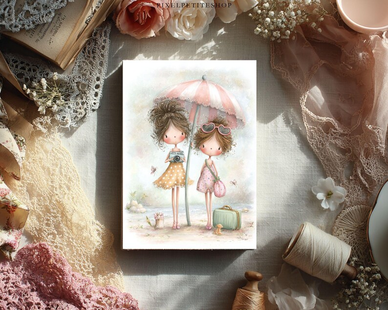 May include: Watercolor illustration of two girls at the beach under a pink and white striped umbrella. One girl holds a camera, the other wears sunglasses and carries a purse. A small suitcase sits on the sand.