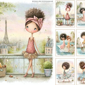May include: Watercolor illustration featuring a girl in a pink dress with a bow, standing on a balcony overlooking the Eiffel Tower. The image has a soft, pastel color palette and includes other illustrations of girls in various settings.