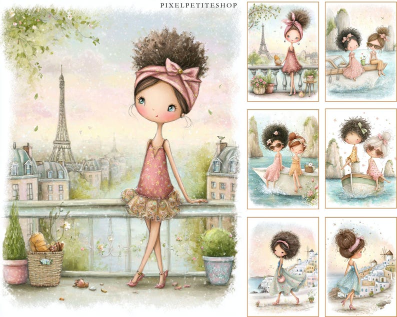 May include: Watercolor illustration featuring a girl in a pink dress with a bow, standing on a balcony overlooking the Eiffel Tower. The image has a soft, pastel color palette and includes other illustrations of girls in various settings.