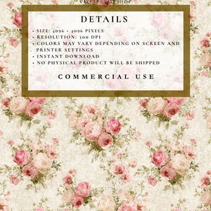 May include: A digital floral design featuring a repeating pattern of pink and cream roses with green foliage on a cream background. The image includes details about the product, such as size, resolution, and commercial use.