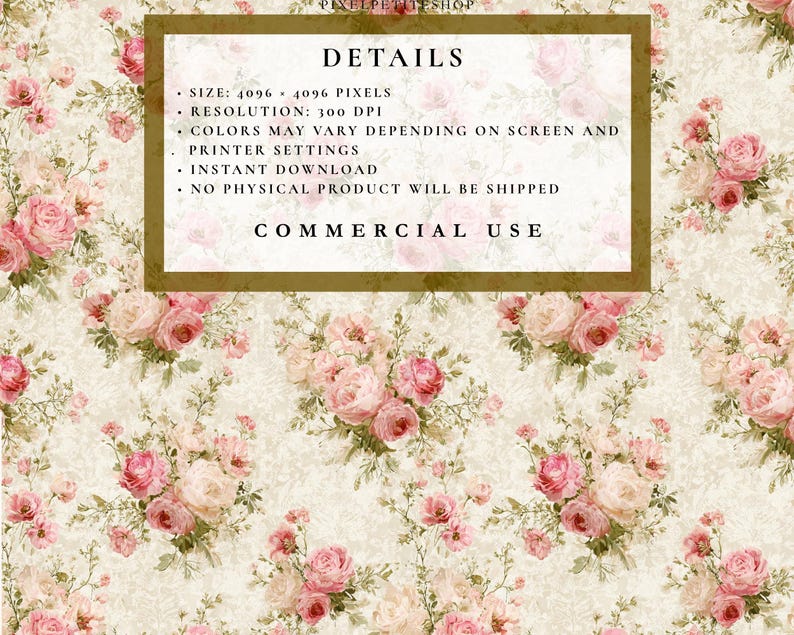 May include: A digital floral design featuring a repeating pattern of pink and cream roses with green foliage on a cream background. The image includes details about the product, such as size, resolution, and commercial use.