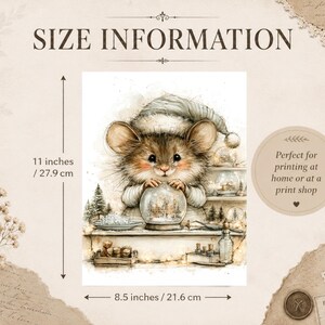May include: A watercolor-style illustration of a mouse wearing a nightcap, holding a snow globe. The artwork measures 11 inches by 8.5 inches. The mouse is positioned on a shelf with miniature trees, bottles, and additional small snow globes.