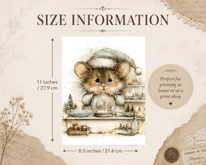 May include: A watercolor-style illustration of a mouse wearing a nightcap, holding a snow globe. The artwork measures 11 inches by 8.5 inches. The mouse is positioned on a shelf with miniature trees, bottles, and additional small snow globes.