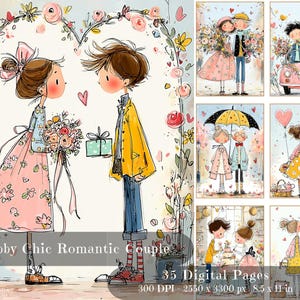 May include: Digital art print featuring a collection of romantic couple illustrations in a whimsical, shabby chic style. The main image shows a couple under a floral arch, with the text "Shabby Chic Romantic Couple" and "35 Digital Pages".