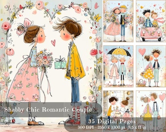 May include: Digital art print featuring a collection of romantic couple illustrations in a whimsical, shabby chic style. The main image shows a couple under a floral arch, with the text "Shabby Chic Romantic Couple" and "35 Digital Pages".
