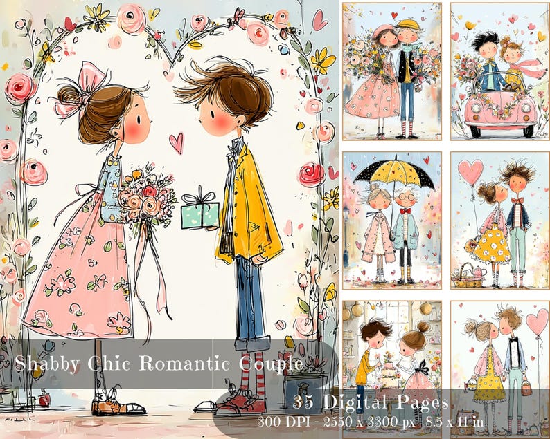 May include: Digital art print featuring a collection of romantic couple illustrations in a whimsical, shabby chic style. The main image shows a couple under a floral arch, with the text "Shabby Chic Romantic Couple" and "35 Digital Pages".