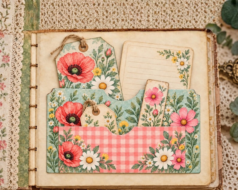 May include: A scrapbook page featuring a pocket with a pink and white gingham pattern, decorated with illustrations of red poppies, white daisies, and green foliage. The pocket holds a floral tag, a lined note card, and a rectangular floral bookmark.