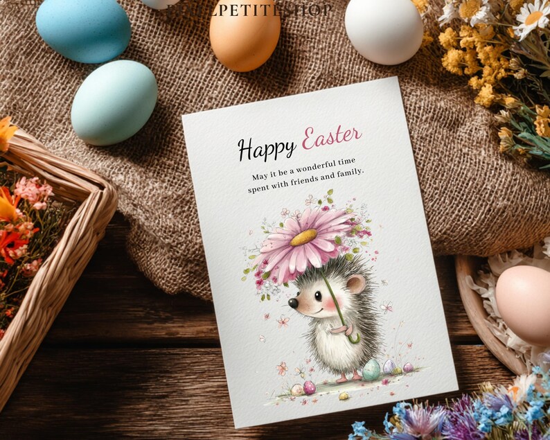 May include: An Easter greeting card with a watercolor illustration of a hedgehog holding a flower umbrella. The card reads "Happy Easter" with a message below. Pastel-colored eggs and flowers surround the card on a wooden surface.