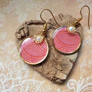 Handmade Pink Mandala Resin Earrings with Pearl Accents, Gold-Plated Dangle Earrings, Boho Chic Jewelry