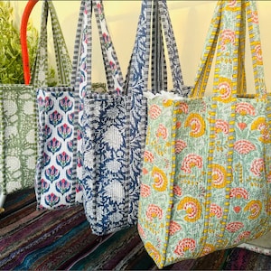 Floral Handprinted Large Quilted Tote Bags | Boho Overnight Weekender Beach Tote Bag | Eco Friendly Shopping Grocery Travel Bags For Women
