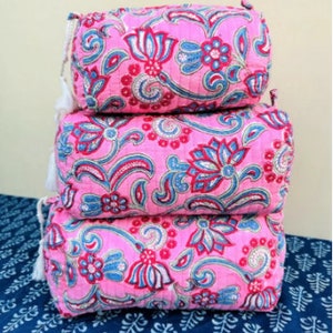 Large Cotton Quilted Block Printed Wash Bag Ideal Gift Handmade Toiletry Bag Cosmetic Bag Block Print Travel Accessory Holiday Color-05