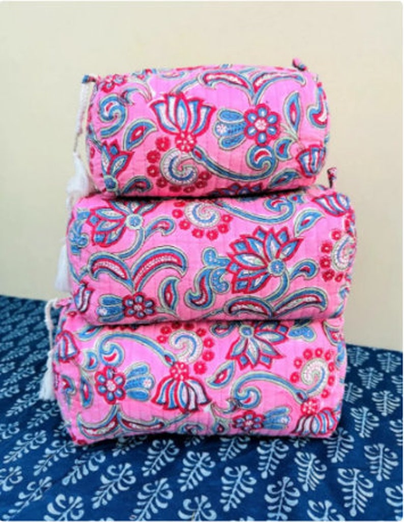 Large Cotton Quilted Block Printed Wash Bag Ideal Gift Handmade Toiletry Bag Cosmetic Bag Block Print Travel Accessory Holiday Color-05