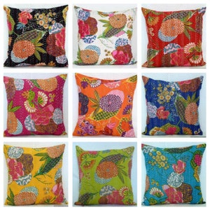 May include: Nine different patterned throw pillows with floral designs. The pillows are all square and have a variety of colors, including black, white, red, pink, orange, yellow, green, blue, and turquoise.