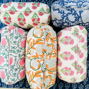 Grande borsa da toilette trapuntata in cotone, borsa per il trucco stampata a blocchi / fatta a mano / borsa da toilette / borsa per cosmetici stampa a blocchi accessorio da viaggio vacanza
