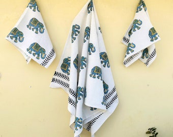 Indian Handmade Bath Towel | Kitchen Towel | Beach Towel | organic Cotton Towel/ HandBlock Towel Set/ Water absorbent Towel with two napkins