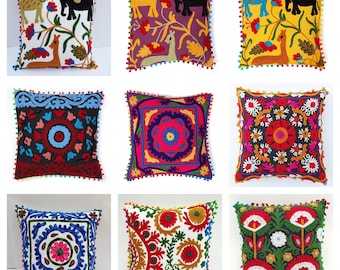 Throw Pillow Cover, Embroidered, Colorful Floral Pillow Cover, Boho Decorative Cushion, Handmade Ethnic Sofa Pillow- Peruvian pillow