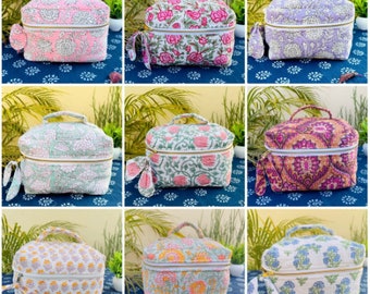 Handblock Vanity Bag Floral Quilted Cotton Large Handle Makeup Bag, Cosmetic bag, Large Capacity Makeup Bag, Makeup Toiletry Organizer