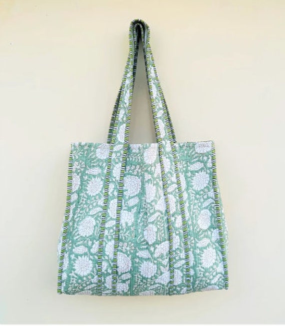 Hand Block Quilted Tote Bag / High Capacity Shoul… - image 8