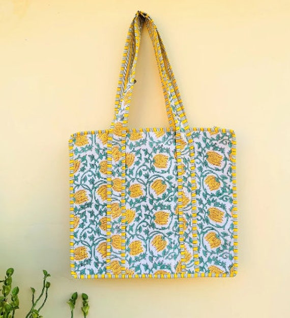 Hand Block Quilted Tote Bag / High Capacity Shoul… - image 5