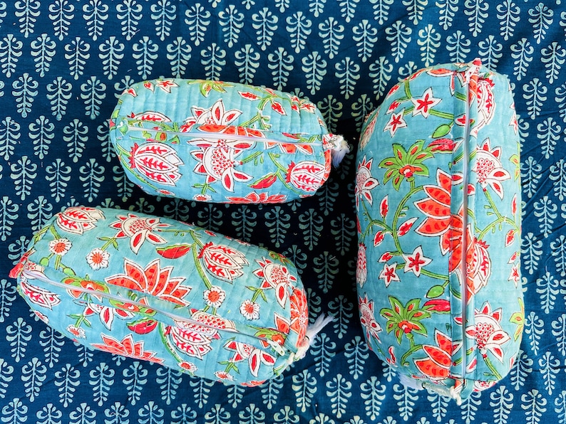 Large Cotton Quilted Block Printed Wash Bag Ideal Gift Handmade Toiletry Bag Cosmetic Bag Block Print Travel Accessory Holiday Color-08