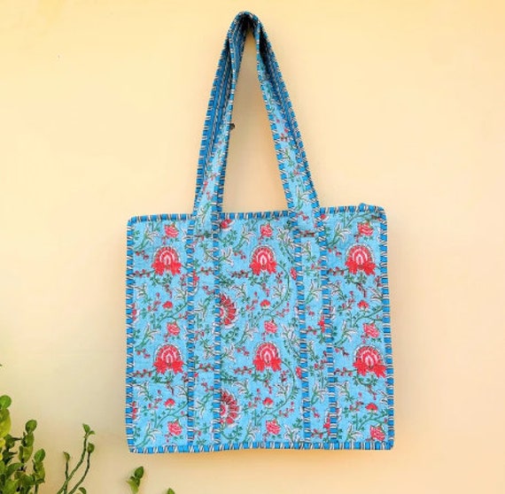 Hand Block Quilted Tote Bag / High Capacity Shoul… - image 9