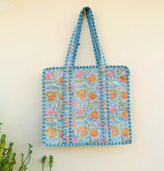 Hand Block Quilted Tote Bag / High Capacity Shoul… - image 10
