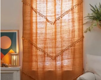 Boho GARDINER, 100% naturlig bomullsgardiner, dörrpaneler för sovrum, senapsgula vardagsrumsgardiner