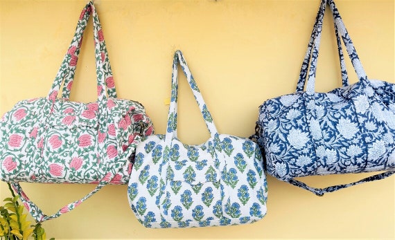 Large Cotton Quilted Duffle Bag shoulder Weekender Travel Bag hand Luggage Bag block Printed Tote Bags overnight Bag bags for Women Etsy
