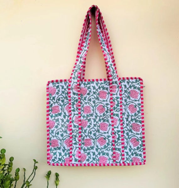 Hand Block Quilted Tote Bag / High Capacity Shoul… - image 7