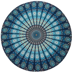 May include: A round, navy blue mandala tapestry with a detailed peacock feather design. The pattern features shades of blue, teal, white, and brown, creating a symmetrical, eye-catching pattern. This decorative textile is suitable for home decor.